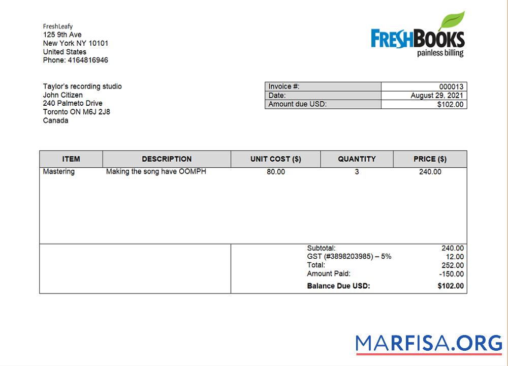 Realistic USA FreshBooks Company invoice template